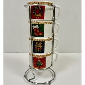 Cypress Home  4 CUP Stack MUG SET w/ Rack Holiday‎ Christmas Tea Coffee Gifts
